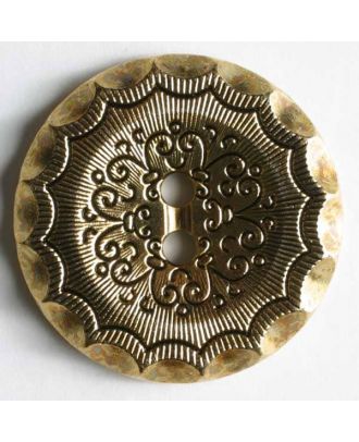 Kunststoffknopf metallisiert, mit reich verzierter Oberfläche und 2 Löchern - Größe: 23mm - Farbe: altgold - Art.Nr. 310315