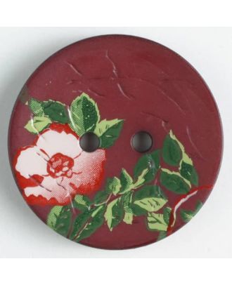 Polyamidknopf mit wunderschönem Rosendekor  bedruckt, 2 Loch - Größe: 20mm - Farbe: weinrot - Art.Nr. 310849