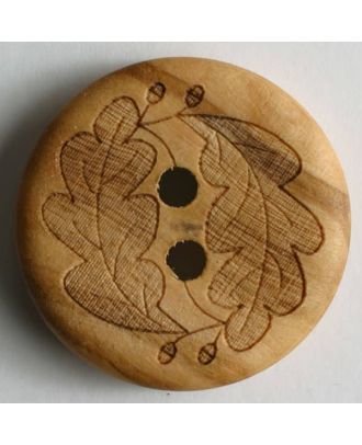 Holzknopf mit Lasermotiv Eichenblätter, 2-Loch - Größe: 23mm - Farbe: braun - Art.Nr. 260875