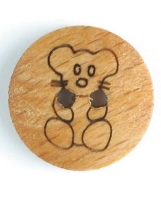 Holzknopf mit sitzendem Teddybär, 2-Loch - Größe: 15mm - Farbe: braun - Art.Nr. 231605