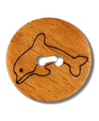 echter Holzknopf mit eingraviertem Delfin 2-Loch - Größe: 15mm - Farbe: braun - Art.Nr. 241262