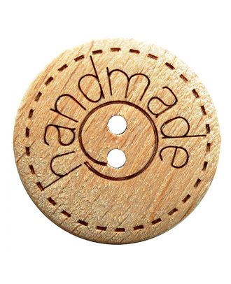 Holzknopf rund mit "handmade"-Schriftzug und 2 Löchern - Größe:  18mm - Farbe: braun - ArtNr.: 281200