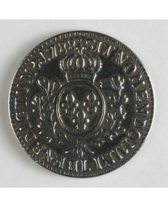 Vollmetallknopf, gekrönter Lilienwappenschild, umgeben von zwei gebundenen Lorbeerzweigen - Größe: 23mm - Farbe: altsilber - Art.Nr. 270217