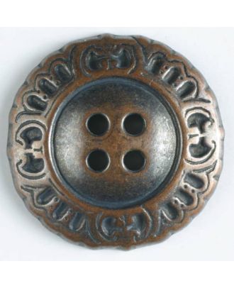 Vollmetallknopf mit schnörkeligem Rand und 4 Löchern - Größe: 23mm - Farbe: kupfer - Art.Nr. 330172