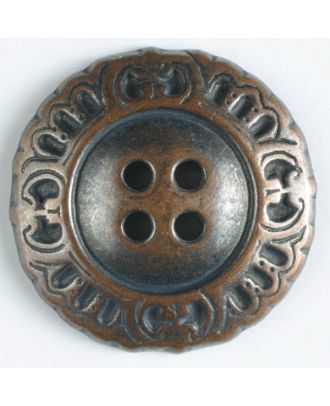 Vollmetallknopf mit schnörkeligem Rand und 4 Löchern - Größe: 23mm - Farbe: kupfer - Art.Nr. 330172