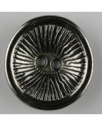 Vollmetallknopf rund, mit Sonnenstrahlen und hochgezogenem Rand, 2 Loch - Größe: 28mm - Farbe: altsilber - Art.Nr. 360485