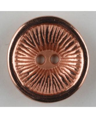 Vollmetallknopf rund, mit Sonnenstrahlen und hochgezogenem Rand, 2  Loch - Größe: 28mm - Farbe: hellkupfer - Art.Nr. 360486