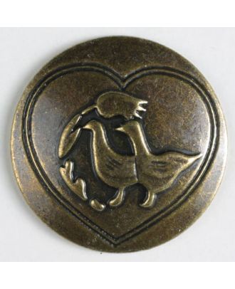 Vollmetallknopf mit glücklichen Enten in eingefrästem Herz, mit Öse - Größe: 20mm - Farbe: altmessing - Art.Nr. 300586