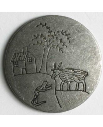 Vollmetallknopf mit eingravierter Landschaft mit Baum, Bauernhaus und Tieren - Größe: 15mm - Farbe: altzinn - Art.Nr. 240986