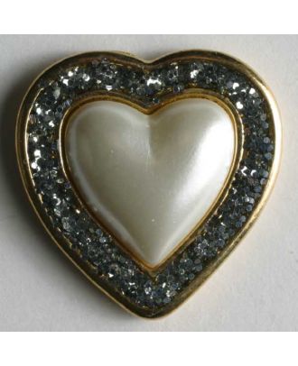 Kunststoffknopf in Herzform mit goldumrahmtem Glitzerrand - Größe: 23mm - Farbe: weiß - Art.Nr. 400012