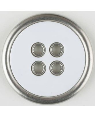 Zweiteiliger Vollmetall-Polyamidknopf mit schmalem silbernen Rand, rund, 4 loch - Größe: 25mm - Farbe: weiß - Art.Nr. 341170