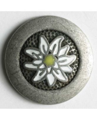 Edelweissknopf, vollmetall mit weißer Blüte - Größe: 18mm - Farbe: altzinn - Art.Nr. 350265