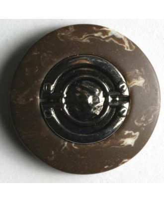 Kunststoffknopf silberne Mitte mit breitem marmoriertem Rand -  Größe: 18mm - Farbe: braun - Art.Nr. 280737