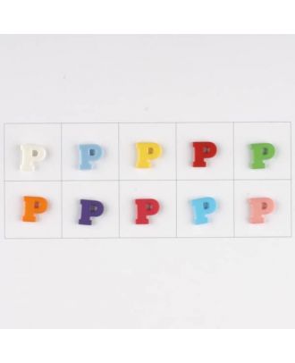 letter P, 10 mixed colours, 3 buttons per colour - Size: 11mm - Color: mixed: red, pink, orange, lilac, blue, yellow, green, white, light blue,rose - Art.-Nr.: 181348