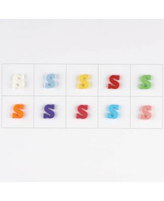 letter S, 10 mixed colours, 3 buttons per colour - Size: 11mm - Color: mixed: red, pink, orange, lilac, blue, yellow, green, white, light blue,rose - Art.-Nr.: 181351